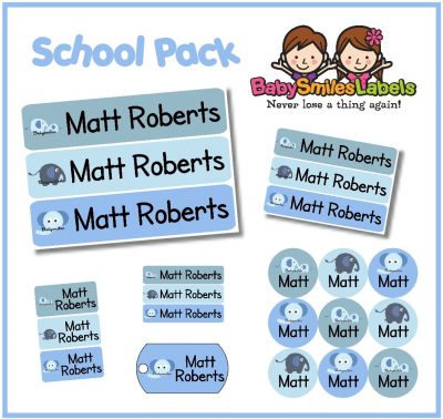 Baby Blue Elephant School Labels Pack