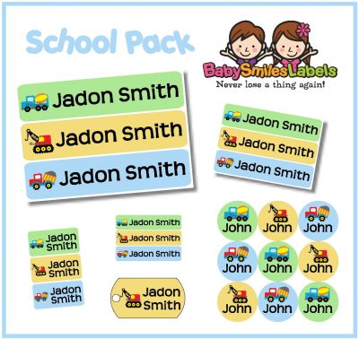 Construction Trucks School Labels Pack