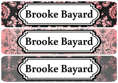 Pink Grey Damask Rectangle Personalized Name Labels