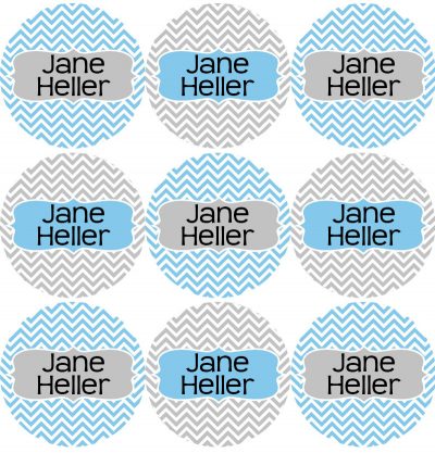 Blue & Grey Chevron Round Personalized Name Labels