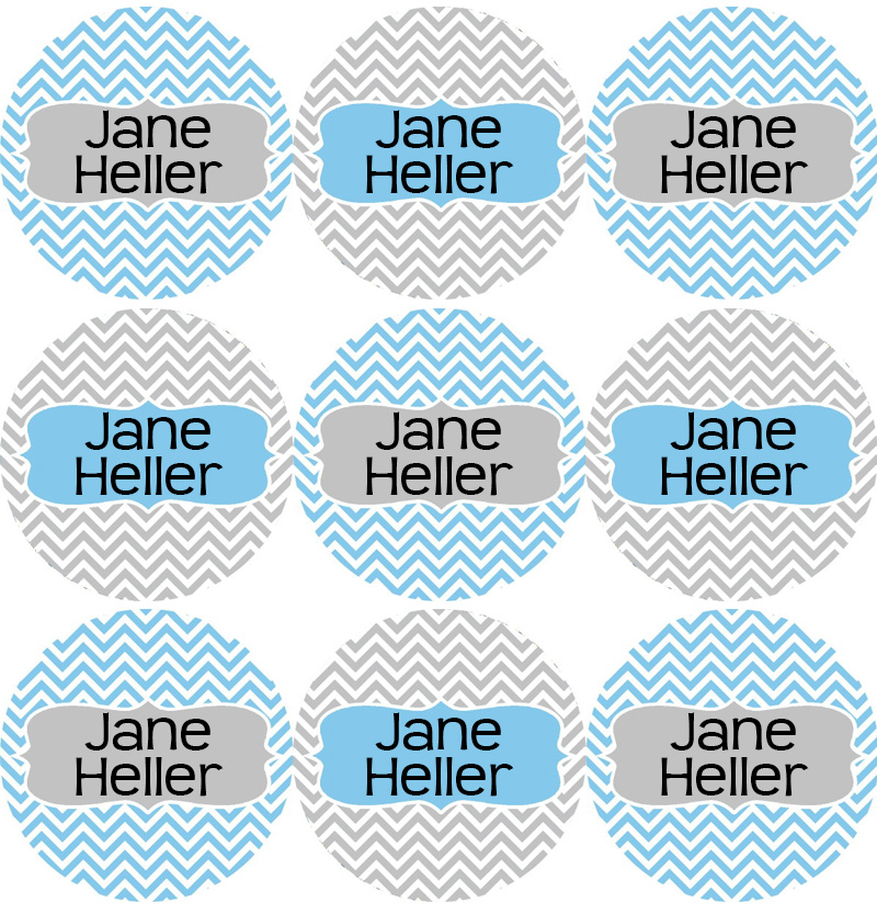 Blue & Grey Chevron Round Personalized Name Labels | Baby Smiles Labels