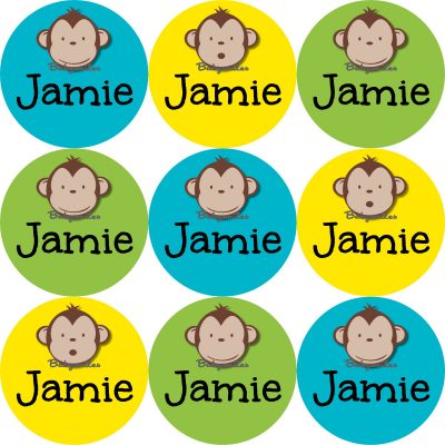 Adorable Monkey Boy Round Name Label Stickers