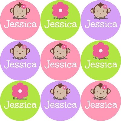 Adorable Monkey Girl Round Name Label Stickers