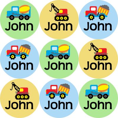 Construction Trucks Round Name Label Stickers