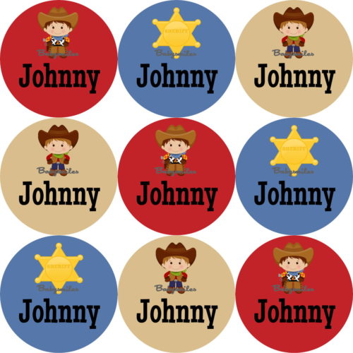 Cool Cowboys Round Name Label Stickers