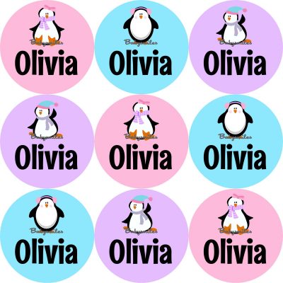 Cute Penguins Round Name Label Stickers