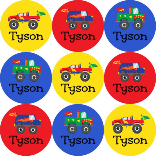 Monster Truck Round Name Label Stickers