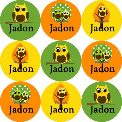 Tree Owl Boy Round Name Label Stickers