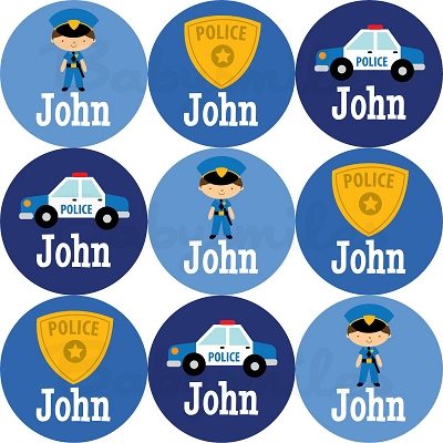 Police Heroes Round Name Label Stickers