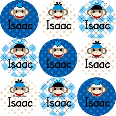 Sock Monkey Boy Round Name Label Stickers