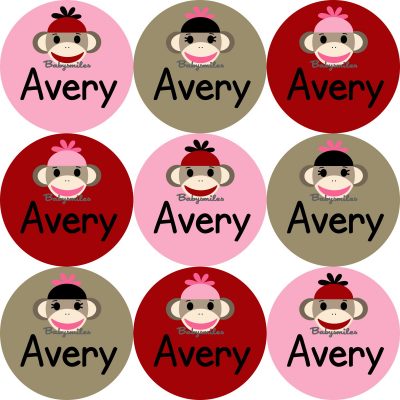 Sock Monkey Girl Round Name Label Stickers