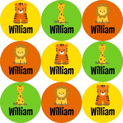 Safari Animals Round Name Label Stickers