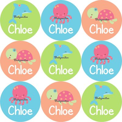 Seaworld Animal Girl Round Name Label Stickers