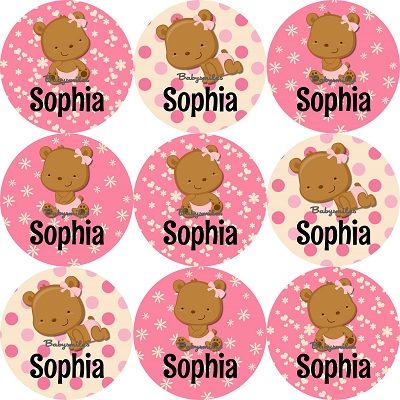 Teddy Bear Girl Round Name Label Stickers